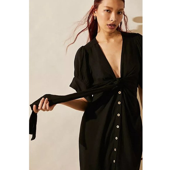 Free People Free-est Vintage Summer Midi Dress Buttondown Black Ruched - Picture 3 of 8